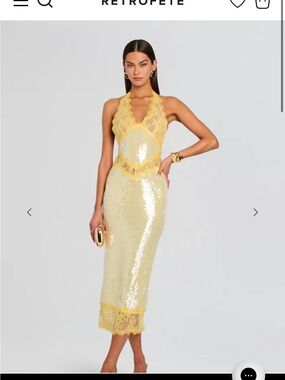 RETROFETE Vicki Sequin Lace Dress. Yellow Lace-Trim Sequin Halter Midi Dress